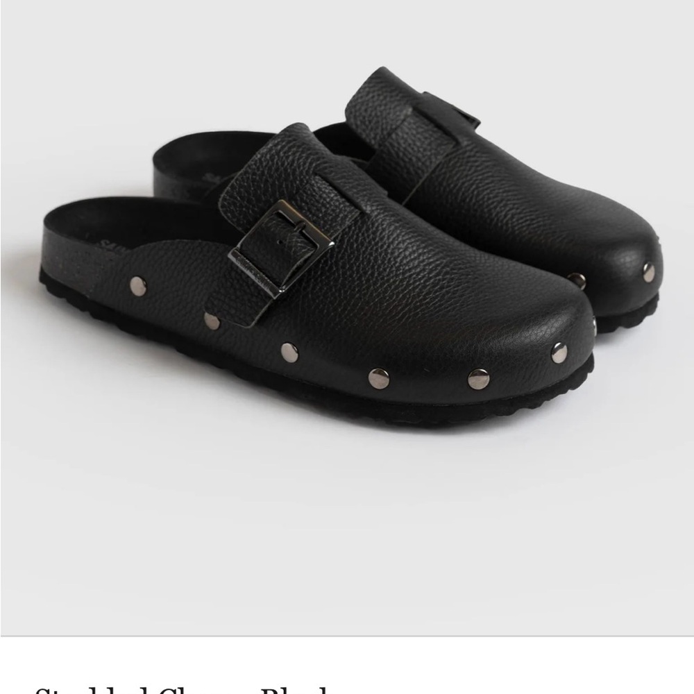 SOLD- Black Leather Studded Buckle Clogs